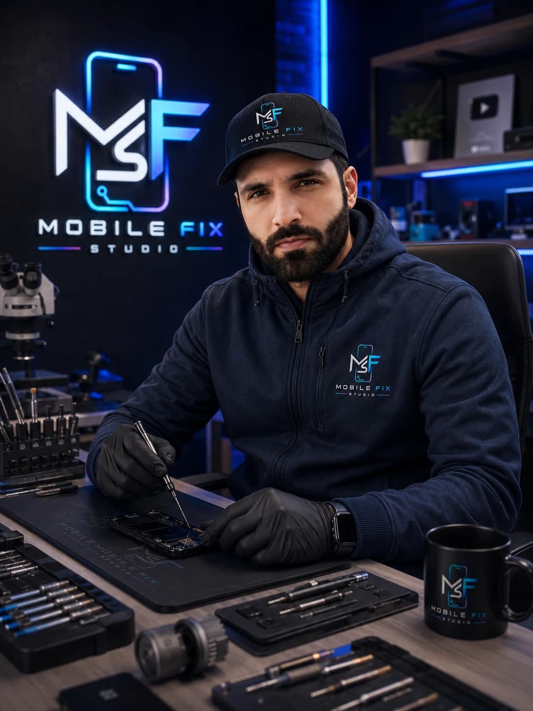 Ammar — Founder of Mobile Fix Studio, repairing a smartphone at his workbench